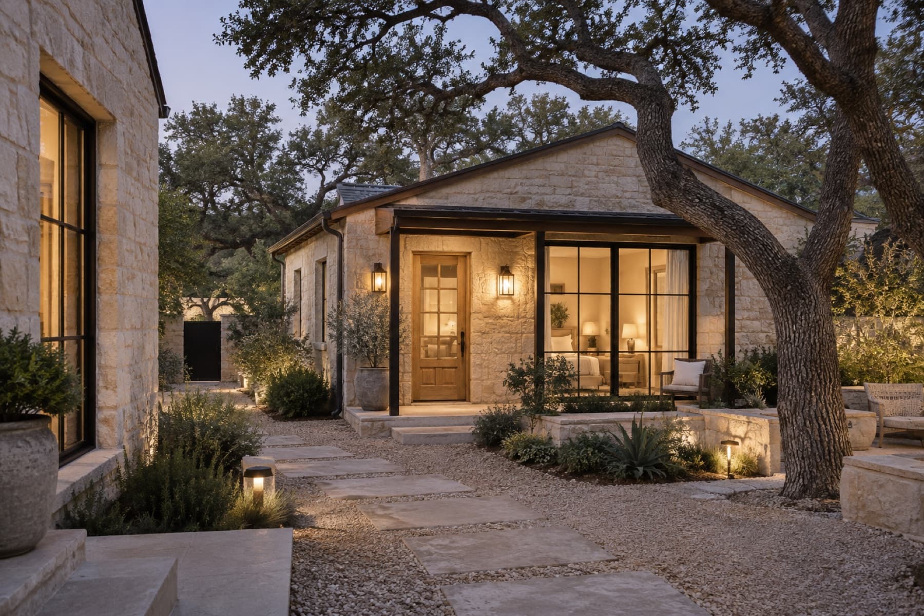 Conceptual limestone guest suite arranged around a shaded Hill Country courtyard