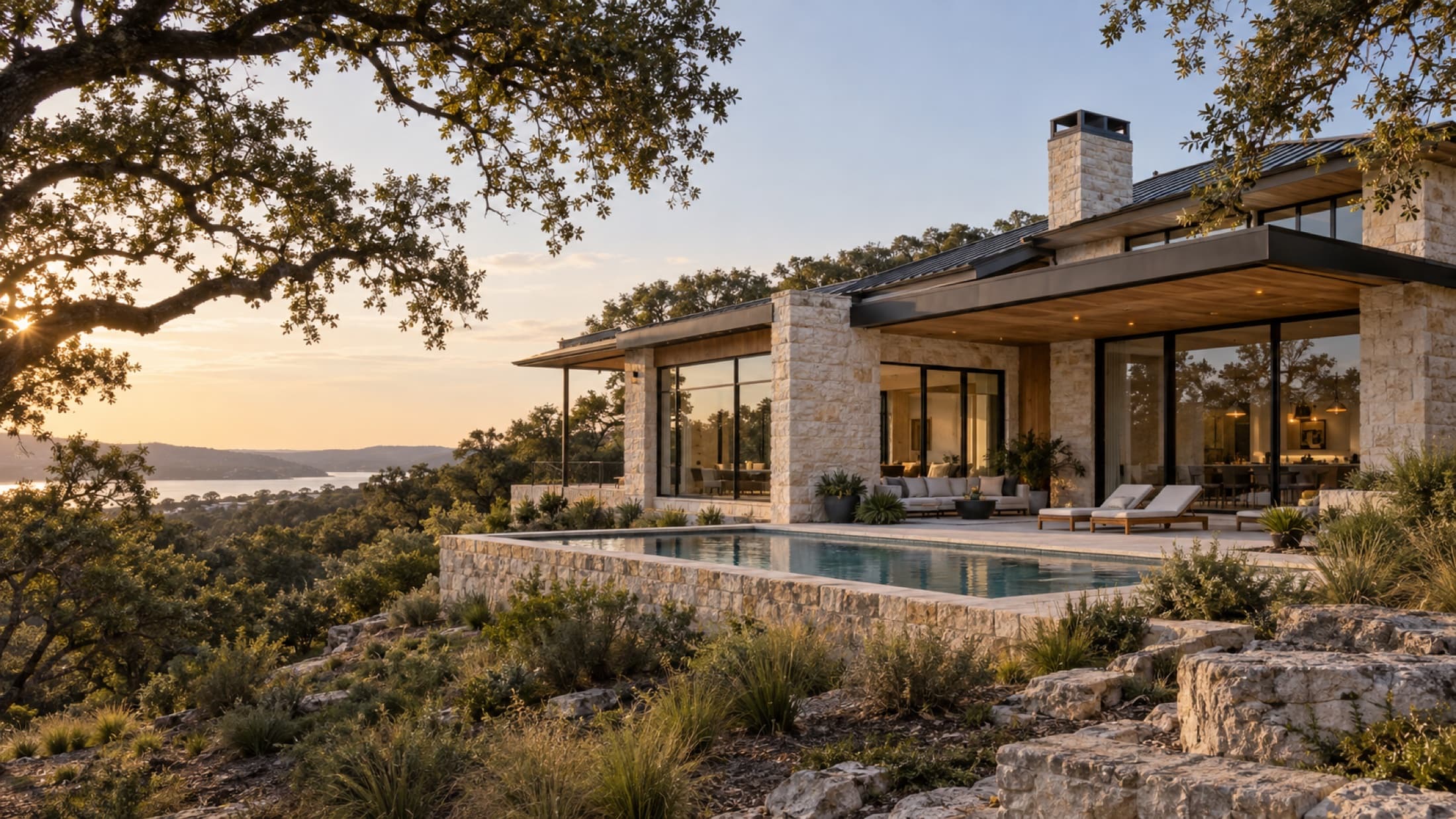 Conceptual Lakeway home addition in a limestone Hill Country setting