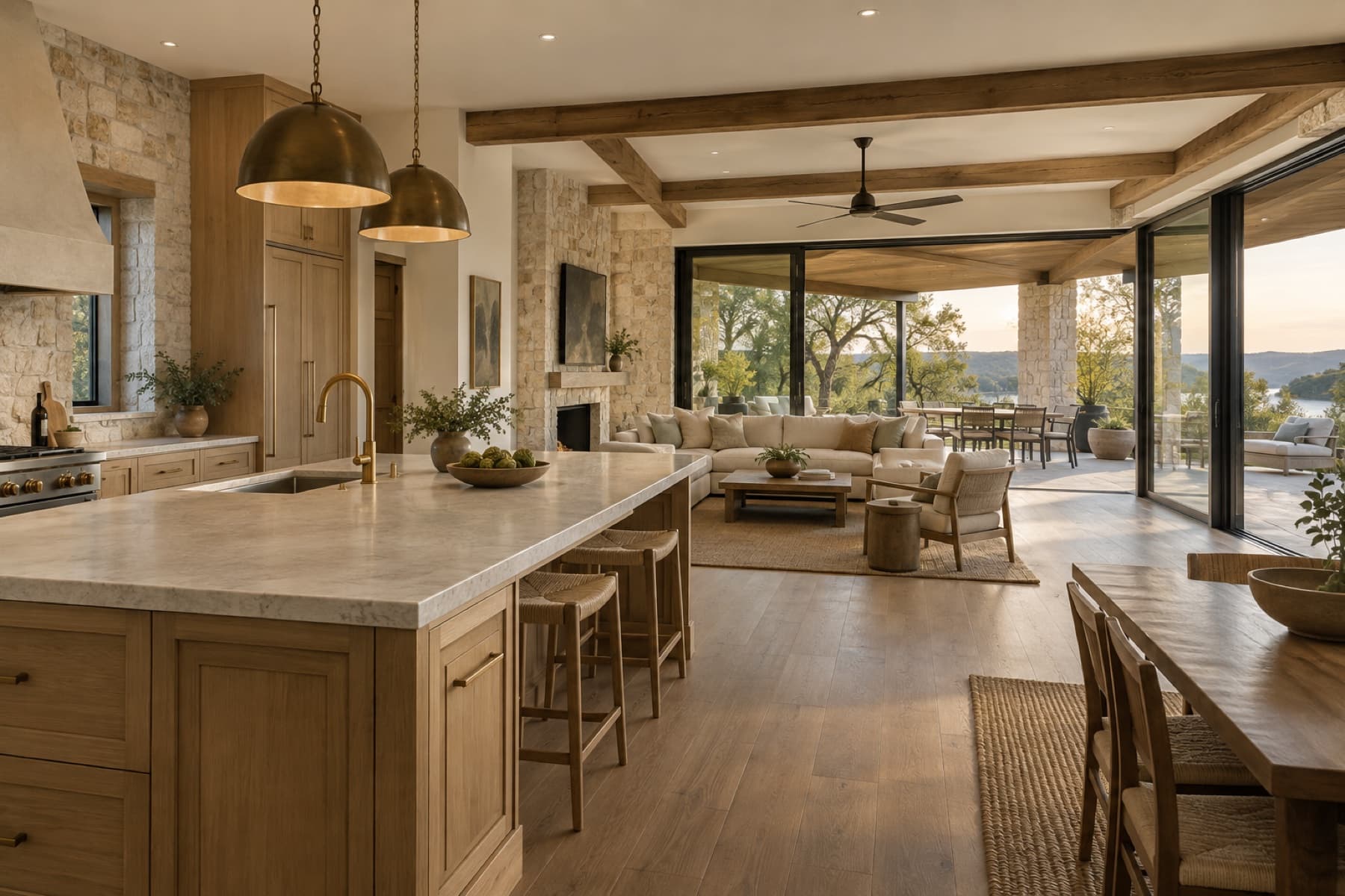Conceptual kitchen and living expansion opening to a covered Hill Country terrace