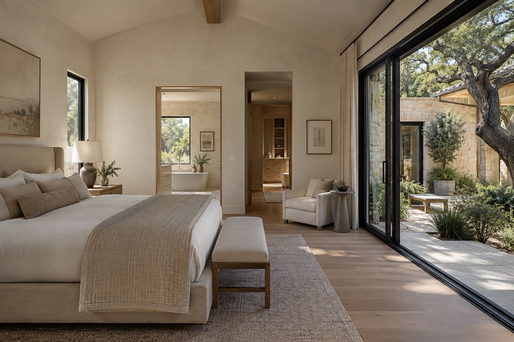 Conceptual primary suite addition with white oak, limestone, and a private courtyard