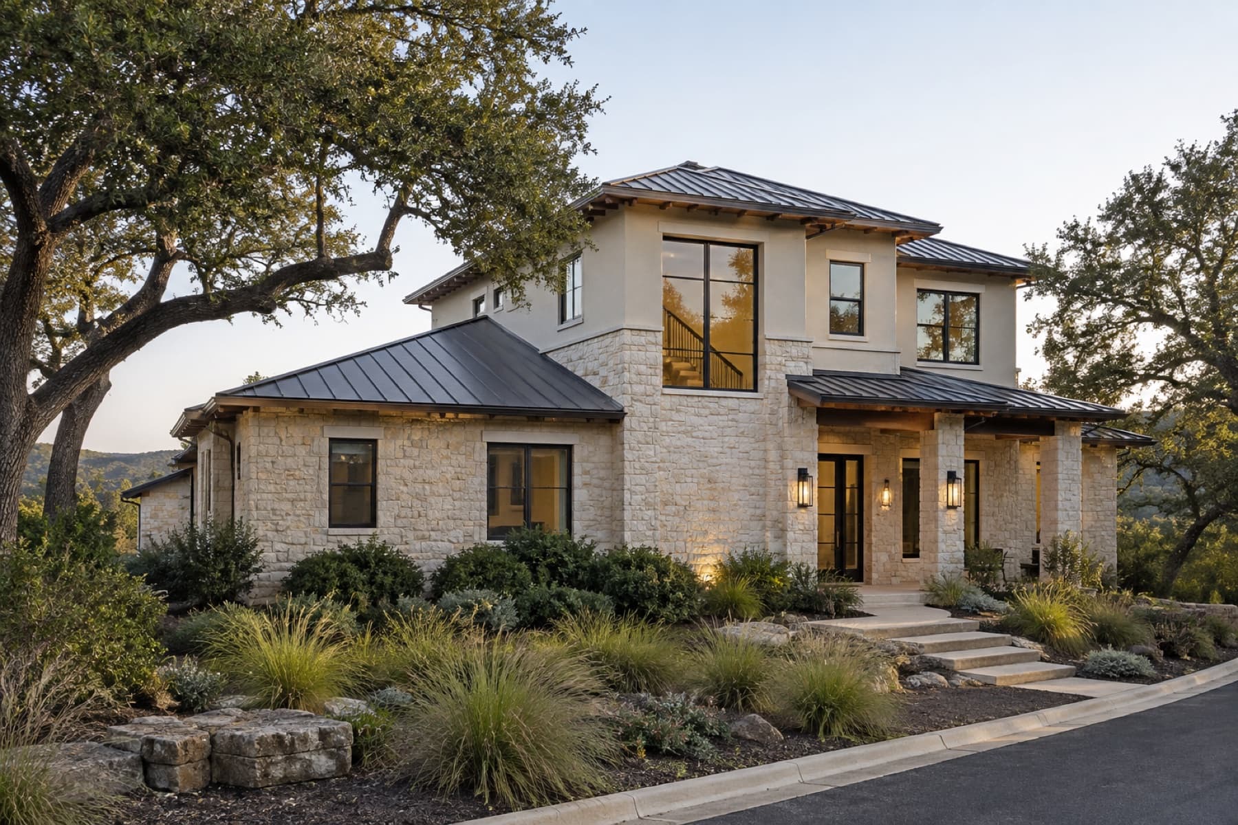 Conceptual Hill Country home with an integrated partial second-story addition